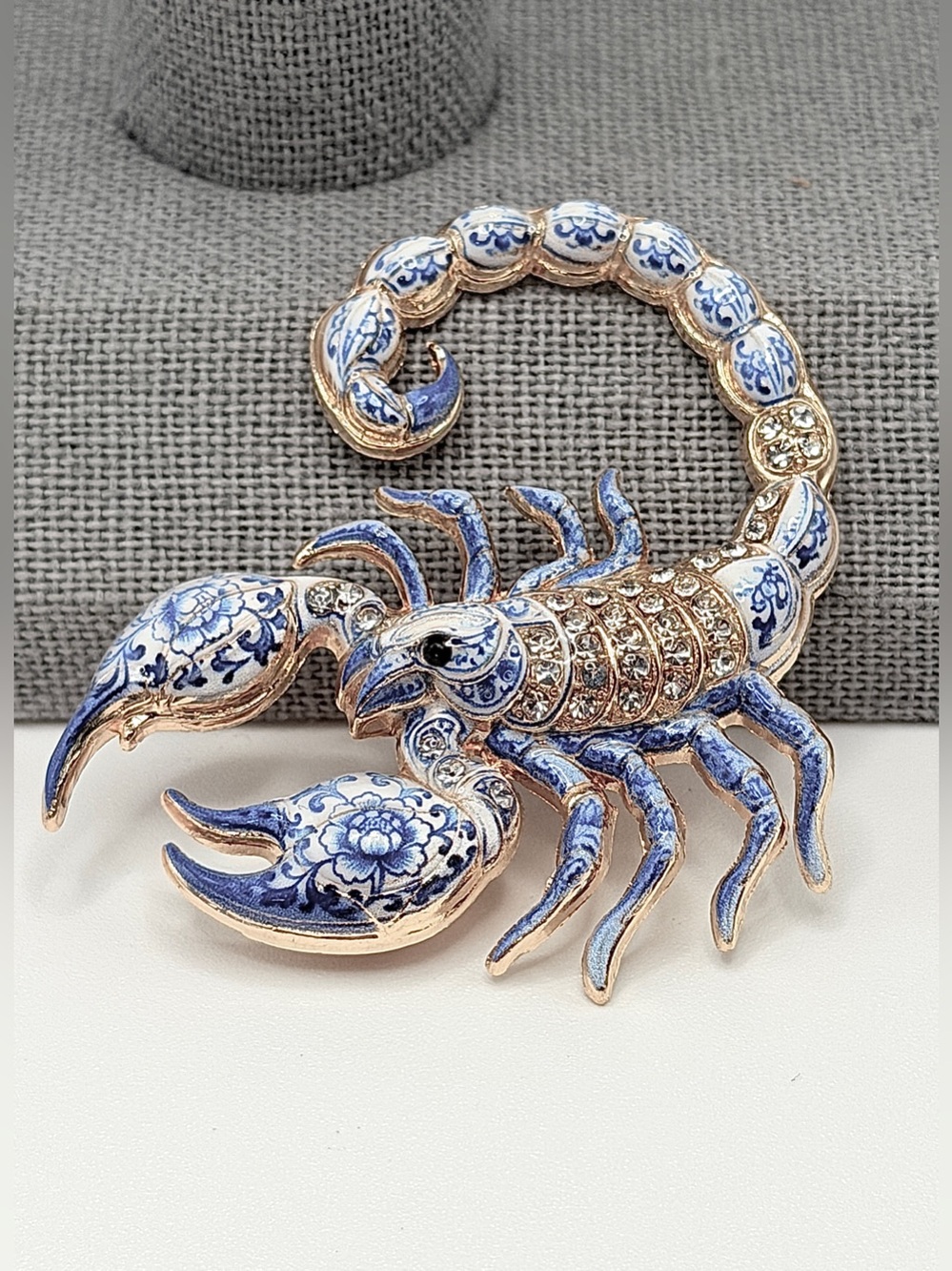 Scorpion Brooch for Scorpio in Blue/White Porcelain w/rhinestones